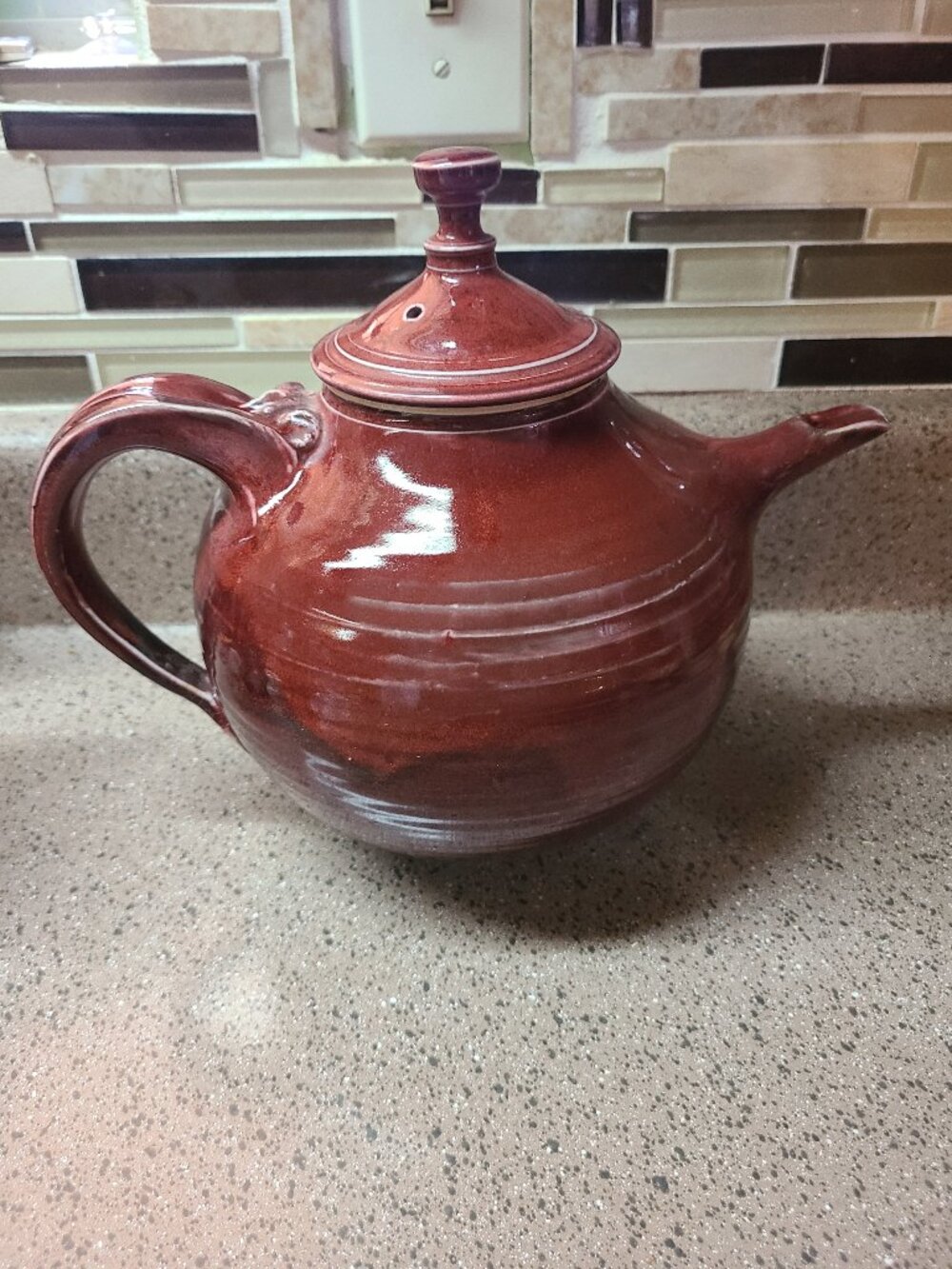 MCM Signed Large Ceramic Pottery Teapot Brown Glazed 9" Tall 11" wide VTG Teapot
